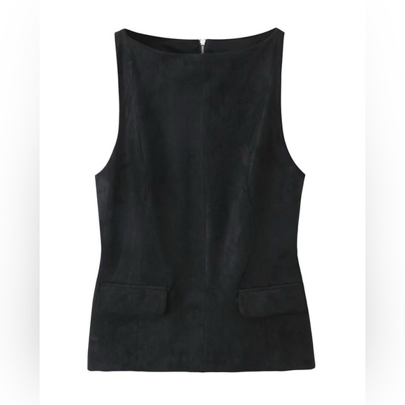 NWT Zara Classic Black Suede Tank Top Pockets Small - Picture 1 of 5